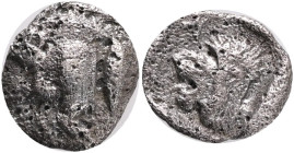 Mysia, Kyzikos, Obol 450-400 BC Obverse: forepart of boar left, tunny to right Reverse: head of lion left, retrograde K aboveDiameter Silver, weight 0...