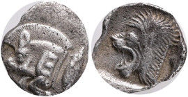 Mysia, Kyzikos, Obol 450-400 BC Obverse: forepart of boar left, tunny to right Reverse: head of lion left, retrograde K aboveDiameter Silver, weight 0...