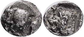 Mysia, Kyzikos, Obol 450-400 BC Obverse: forepart of boar left, tunny to right Reverse: head of lion left, retrograde K aboveDiameter Silver, weight 0...