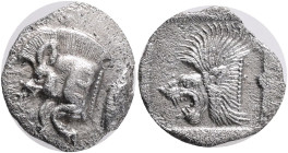 MYSIA. Kyzikos. (Circa 450-400 BC).AR Obol .Obv: Forepart of boar left, with E (retrograde) on shoulder; to right, tunny upward.Rev: Head of roaring l...