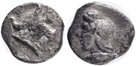 MYSIA.Kyzikos.( Circa 410-400 BC).Hemiobol.Obv : Head of Attis left wearing Phyrgian helmet.Rev : Head of bull right.Ref.: Klein 268; SNG Aulock 7336....