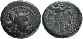 Phrygia, Apameia, c. 88-40 BC. Æ . Uncertain magistrate.Obv.:Turreted bust of Artemis–Tyche r., bow and quiver over shoulder. Rev.: Marsyas advancing ...
