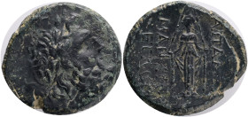 Phrygia, Apameia. Ca. 100-50 B.C. AE . Maifernos-, and Eglo-, magistrates.Obv.:Laureate head of Zeus right.Rev.: [AΠA]ME MAIΦEPN[OY] EΓΛOΓ, cult statu...