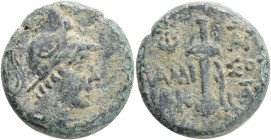 Pontos, Amisos. Under Mithradates VI Eupator (85-65 BC). Obv: Helmeted head of Athena right Rev: AMI-ΣOY, sword in sheath., RG 29; SNG BM 1147-9, Bron...