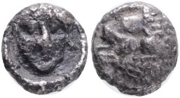 SATRAPS OF CARIA. Hekatomnos, 395-377 BC. Tetartemorion Mylasa circa 390-380 BC. Head of roaring lion left protruding tongue. Rev. Head of Apollo faci...