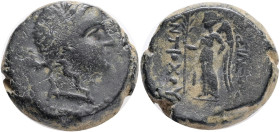 SELEUCID Kingdom Antiochos III 'the Great'. 222-187 BC. Æ. Uncertain mint in Southern Coele-Syria. Struck circa 198-187 BC.Obv.:Laureate head of Apoll...
