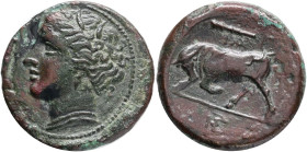 SICILY. Syracuse. Hieron II, (275-215 BC) Æ . Obv.:ΣYPAKOΣIΩN Head of Kore to left, wearing wreath of grain ears, earring and necklace. Rev. IE Bull b...