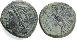 SICILY. Syracuse. Hiketas II, (287-278 BC)Æ.Obv.: [ΔΙΟΣ ΕΛΛΑΝΙΟΥ] Laureate head of Zeus Hellanios to left. Rev. ΣΥΡΑΚΟΣΙΩΝ Eagle with closed wings sta...