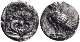 Troas, Abydos AR Obol. Circa 480-450 BC. ABY, eagle, with closed wings, standing left on base / Facing gorgoneion,with tongue protruding, within incus...