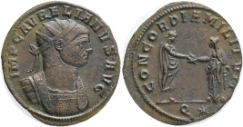 Aurelian AD 270-275,Antoninianus Æ ,Siscia.Obv.:IMP C AVRELIANVS AVG, radiate and cuirassed bust to right. Rev.: CONCORDIA MILITVM, Emperor togate sta...