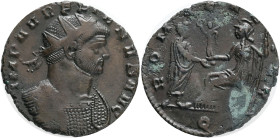 Aurelian AD 270-275,Antoninianus Æ, Milan, Obv.: IMP AVRELIANVS AVG; Radiate, draped, and cuirassed bust right,Rev.:ROMAE AETER; Emperor standing righ...