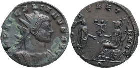 Aurelian AD 270-275,Antoninianus Æ, Milan, Obv.: IMP AVRELIANVS AVG; Radiate, draped, and cuirassed bust right,Rev.:ROMAE AETERNAE; Emperor standing r...