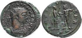 Aurelian AD 270-275,Antoninianus Æ,Obv.:IMP AVRELIANVS AVG, radiate and cuirassed bust right , Rev.:IOVI CONSER/ *T, Emperor in military dress standin...