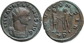 Aurelian AD 270-275,Siscia, Antoninianus Æ,Obv.:IMP P AVRELIANUS AVG, adiate and cuirassed bust right , Rev.: IOVI CONSER, Aurelian standing right, ho...