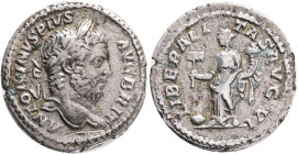 Caracalla, 198-217 AD. AR, Denarius. Rome. Obv: ANTONINVS PIVS AVG BRIT. Head of Caracalla, laureate, bearded, right.Rev: LIBERALITAS AVG VI. Liberali...