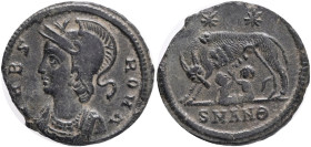 City Commemorative AD 330-354. Antioch, Follis. Obv.:VRBS ROMA, helmeted head of Roma left, wearing imperial mantle and ornamental necklace,Rev.: She-...