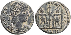 Constans AD 337-350. Antioch Follis Æ , Obv.:CONSTANS AVG, pearl-diademed head right,Rev.: GLORIA EXERCITVS, two soldiers holding spears and shields w...