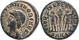 Constans AD 337-350. Nicomedia Nummus Æ, Obv.: FL CONSTANS NOB CAES, laureate, draped, and cuirassed bust left. Rev.: GLORIA EXERCITVS, two soldiers h...