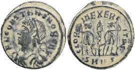 Constans AD 337-350. Nicomedia Nummus Æ, Obv.: FL CONSTANS NOB CAES, laureate, draped, and cuirassed bust left. Rev.: GLORIA EXERCITVS, two soldiers h...
