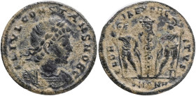 Constans, as Caesar, Æ Nummus. Antioch, AD 335-337. Obv.:FL IVL CONSTANS NOB C, laureate and cuirassed bust right. Rev.: GLORIA EXERCITVS, two helmete...