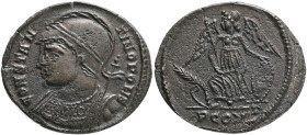 Constantine I, 307-337, AE Follis AD 332-333 Obv.: Helmeted and mantled bust of Constantinople left, holding scepter Rev.:Victory standing left on pro...
