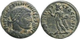 Constantine I, 307-337. Follis Aquileia, 317. IMP CONSTANTINVS P F AVG Laureate, draped and cuirassed bust of Constantine I to right. Rev. SOLI IN-VI-...