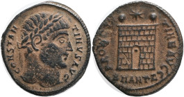 CONSTANTINE I. 307-337 AD. AE . Antioch mint,Obv.: CONSTANTINVS AVG, laureate head right. Rev.: PROVIDENTIA AVGG, camp gate with two turrets, star abo...