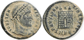 CONSTANTINE I. 307-337 AD. AE . Nicomedia mint,Obv.: CONSTANTINVS AVG, laureate head right. Rev.: PROVIDENTIA AVGG, camp gate with two turrets, star a...