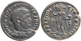 CONSTANTINE I. 307-337 AD. Æ Follis .Obv.: CONSTANTINVS P F AVG, laureate and cuirassed bust right. Rev.: SOLI INVIC-TO COMITI, Sol standing left, rai...