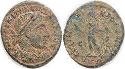 CONSTANTINE I. 307-337 AD. Æ Follis .Obv.: CONSTANTINVS P F AVG, laureate and cuirassed bust right. Rev.: SOLI INVIC-TO COMITI, Sol standing left, rai...