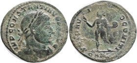CONSTANTINE I. 307-337 AD. Æ Follis, Arles mint .Obv.: CONSTANTINVS P F AVG, laureate and cuirassed bust right. Rev.: SOLI INVIC-TO COMITI, Sol standi...