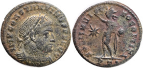 CONSTANTINE I. 307-337 AD.. Æ Follis .Obv.: CONSTANTINVS P F AVG, laureate and cuirassed bust right. Rev.: SOLI INVIC-TO COMITI, Sol standing left, ra...