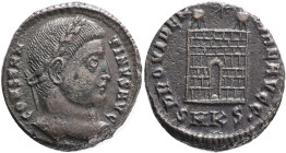Constantinus I the Great AD 306-337. Cyzicus Follis Æ 17mm., 2,43g. CONSTANTINVS AVG, laureate bust right / PROVIDENTIAE AVGG / SMKS, campgate with tw...