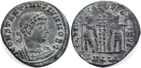 Constantinus II AD 337-340. Alexandria mint. Follis Æ,Obv.: CONSTANTINVS IVN NOB C, laureate and cuirassed bust right,Rev.: GLORIA EXERCITVS, two helm...