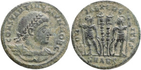Constantinus II AD 337-340. Antioch Follis Æ,Obv.: CONSTANTINVS IVN NOB C, laureate and cuirassed bust right,Rev.: GLORIA EXERCITVS, two helmeted sold...