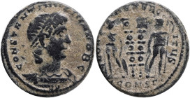 Constantinus II AD 337-340. Constantinople Follis Æ,Obv.: CONSTANTINVS IVN NOB C, laureate and cuirassed bust right,Rev.: GLORIA EXERCITVS, two helmet...