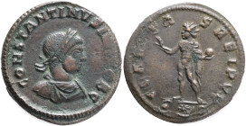 Constantinus II. Follis. 318 AD. Arelate. Obv.: CONSTANTINVS IVN NOB C, laureate, draped and cuirassed bust to right. Rev.: CLARITAS REIPVB, Sol stand...