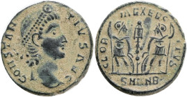 Constantius II, Caesar (324-337 AD). Antioch.,Follis Æ,Obv.:CONSTANTIVS AVG. Laureate, draped and cuirassed bust left., Rev.: GLORIA EXERCITVS, two so...