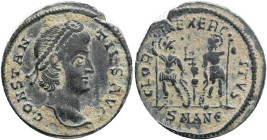 Constantius II, Caesar (324-337 AD). Antioch.,Follis Æ,Obv.:CONSTANTIVS AVG. Laureate, draped and cuirassed bust left., Rev.: GLORIA EXERCITVS, two so...