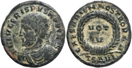 Crispus. Caesar, A.D. 317-326. Æ follis,Thessalonica. Obv.: FL IVL CRISPVS NOB CAES, laureate, draped and cuirassed bust left. Rev.: CAESARVM NOSTRORV...