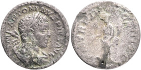 Elagabalus AR Denarius. Rome, AD 218-222. IMP ANTONINVS PIVS AVG, laureate, draped and cuirassed bust right / PM TR P III COS III P P, Sol advancing l...