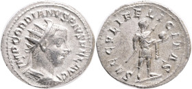 GORDIAN III. 238-244 AD. Antioch.Antoninianus.Obv : IMP GORDIANVS PIVS FEL AVG.Radiate, draped and cuirassed bust right.Rev : SAECVLI FELICITAS.Gordia...