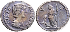 Julia Domna (wife of S. Severus) AR Denarius. Rome, Obv.: IVLIA AVGVSTA, draped bust right . Rev.: IVNO, Juno, veiled and standing left, holding pater...