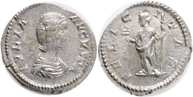 Julia Domna (wife of S. Severus) AR Denarius. Rome, Obv.: IVLIA AVGVSTA, draped bust to right . Rev.: FELICITAS, Felicitas standing to left, holding c...