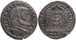 Maxentius, AD 307-312. AE, Follis. Obv: IMP C MAXENTIVS P F AVG. Head of Maxentius, laureate, right. Rev: CONSERVATORES VRB SVAE, R*P. Roma, helmeted,...
