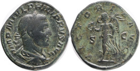 Philip I 'the Arab' 244–249 AD. Sestertius 244. . Bust / Victoria with palm frond and wreath to the left. RIC 192a C. 232 Brown-green patina, Bronze W...