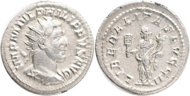 Philip I 'the Arab' 244–249 AD. AR Antoninianus. Rome, IMP M IVL PHILIPPVS AVG, radiate, draped and cuirassed bust of Philip I to righ. Rev. LIBERALIT...
