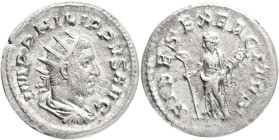 Philip I, 'the Arab' 244-249 AD. AR Antoninianus .Obv.: IMP PHILIPPVS AVG, radiate, draped and cuirassed bust of Philip I right. Rev. FIDES EXERCITVS,...
