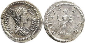 Plautilla (wife of Caracalla) AR Denarius. Rome, AD 202-205. PLAVTILLA AVGVSTA, draped bust to right / PIETAS AVGG, Pietas standing facing, head to ri...