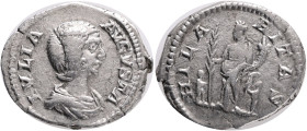 ROMAN EMPIRE: Julia Domna, AR denarius, Rome,Obv.: draped bust right, IVLIA AVGVSTA. Rev.: Hilaritas standing left between two children, holding palm ...